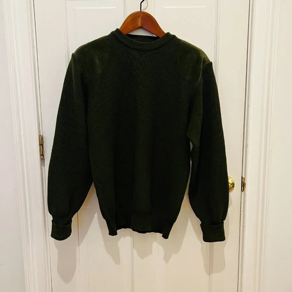 Barbour 100% Wool Suede leather Shoulder & Elbow Patch Gun Sweater Size Medium